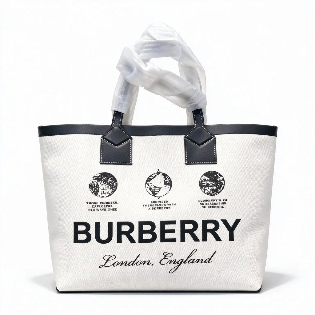 Burberry London Canvas Tote Bag Globe Print Leather Trim Shoulder Shopping Bag