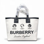 Burberry London Canvas Tote Bag Globe Print Leather Trim Shoulder Shopping Bag