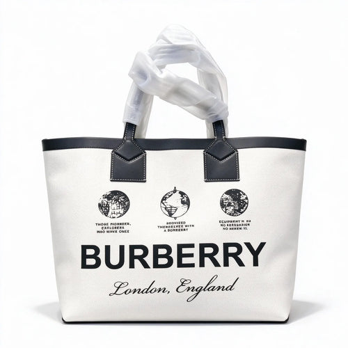 Burberry London Canvas Tote Bag Globe Print Leather Trim Shoulder Shopping Bag