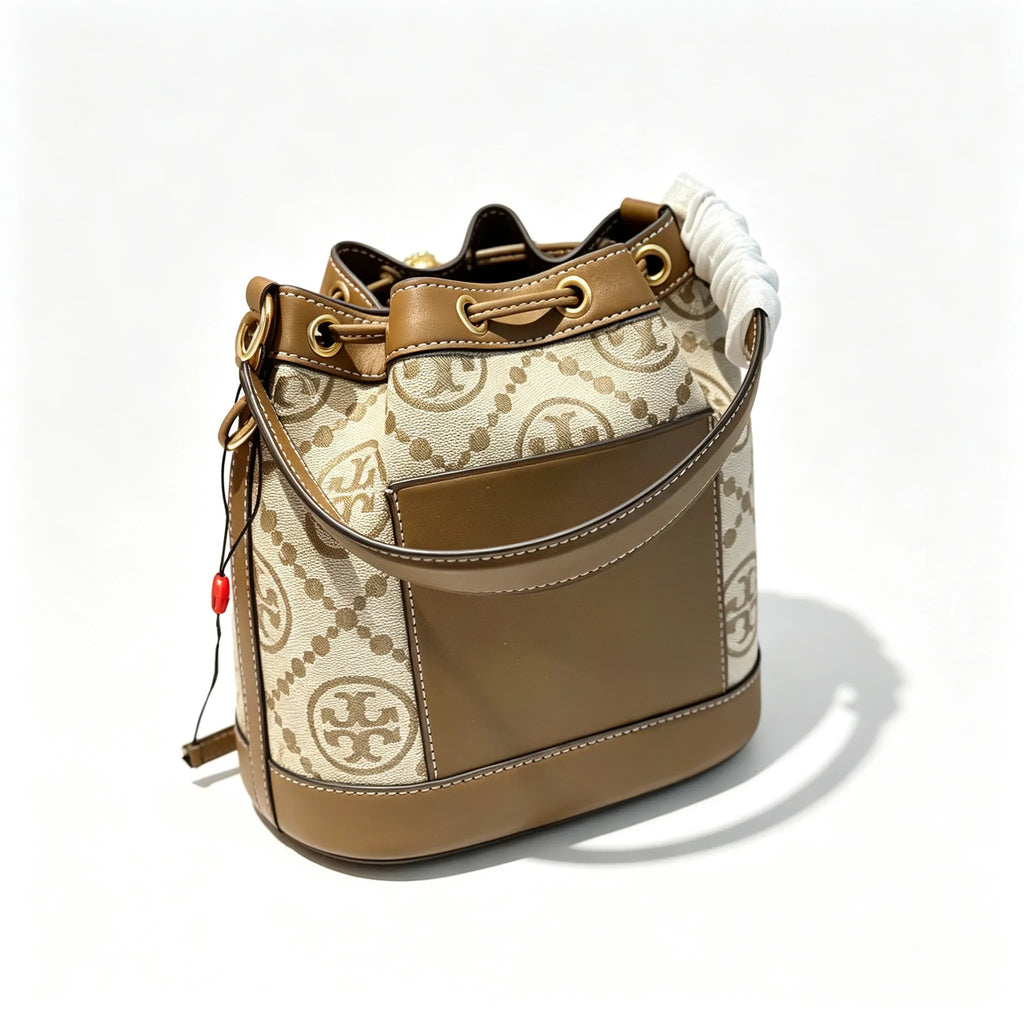 Tory Burch T Monogram | Beige and hazelnut jacquard fabric  drawstring closure and adjustable shoulder strap women's casual and weekend getaway tote bag