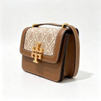 Tory Burch Eleanor  beige and brown jacquard fabric with adjustable leather shoulder strap women's style