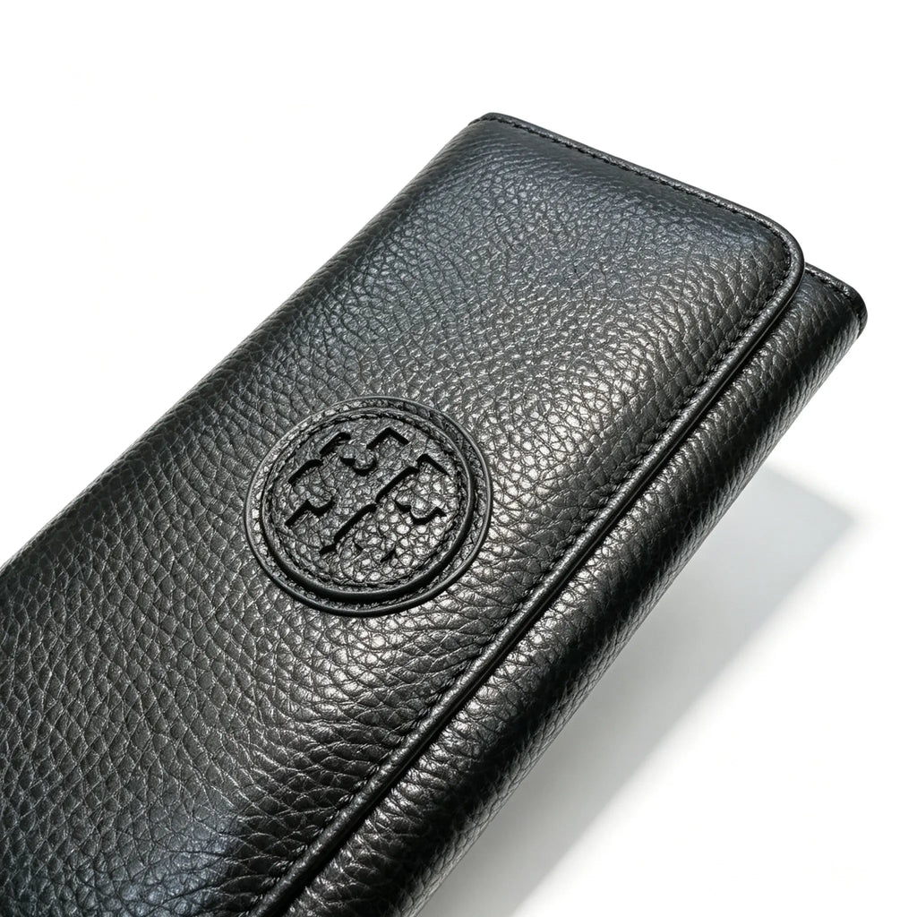 Tory Burch Parker black pebbled leather wallet with multiple card slots and a zippered coin pocket foldable long women's wallet