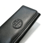 Tory Burch Parker black pebbled leather wallet with multiple card slots and a zippered coin pocket foldable long women's wallet