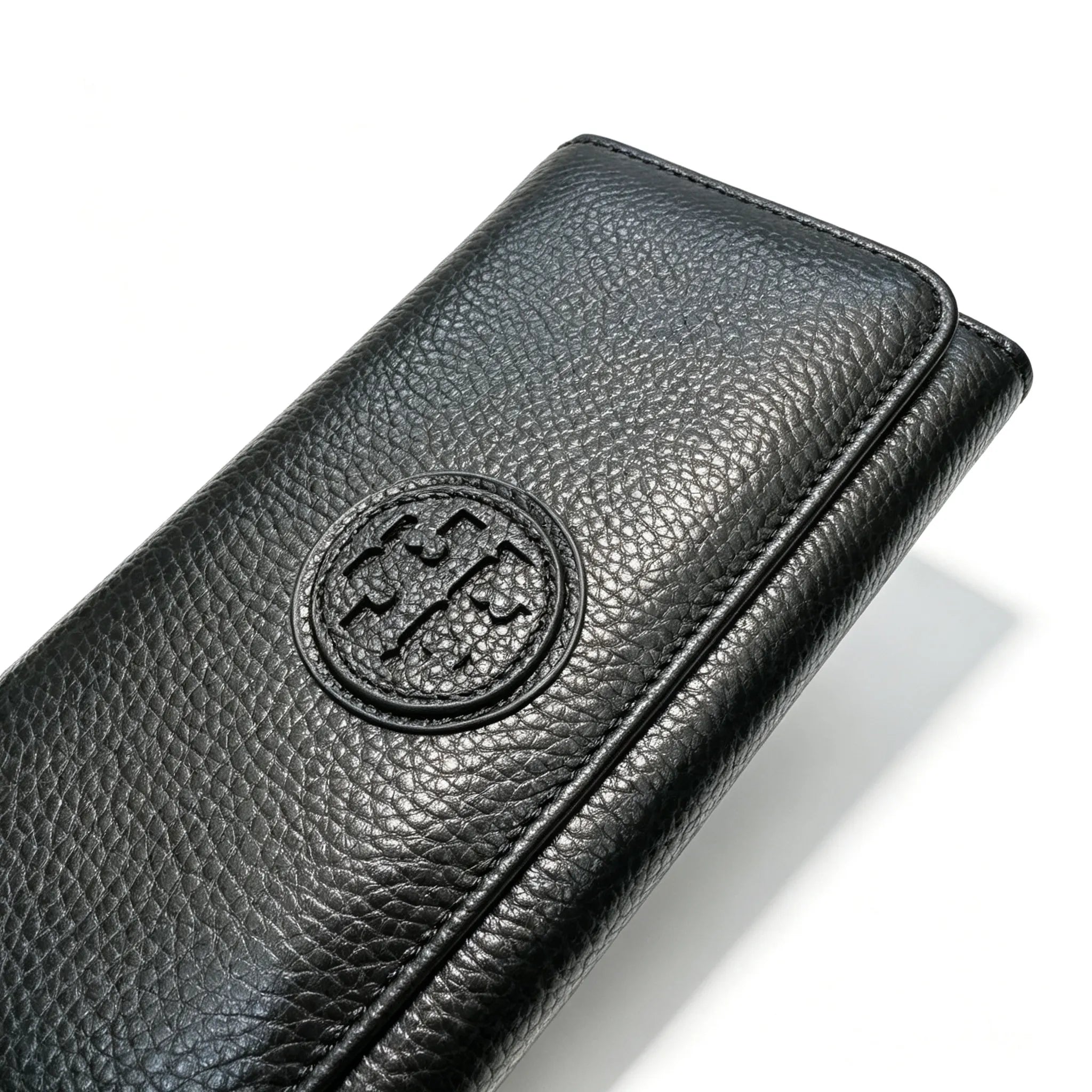 Tory Burch Parker black pebbled leather wallet with multiple card slots and a zippered coin pocket foldable long women's wallet