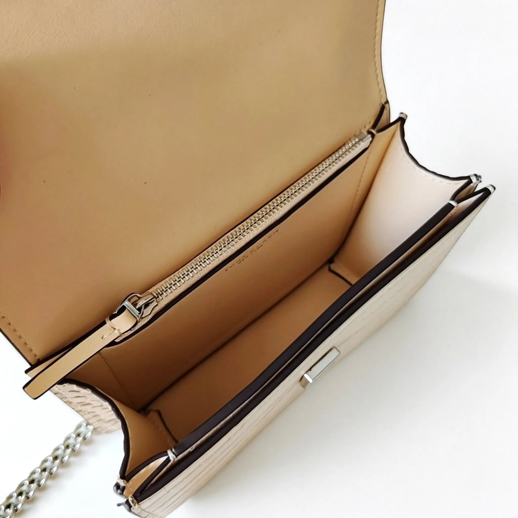 Tory Burch Eleanor off-white embossed leather twisted chain shoulder strap multiple carrying options for women