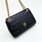 Tory Burch Kira | Black Pebble Leather Designer Handbag with Detachable Chain Shoulder Strap