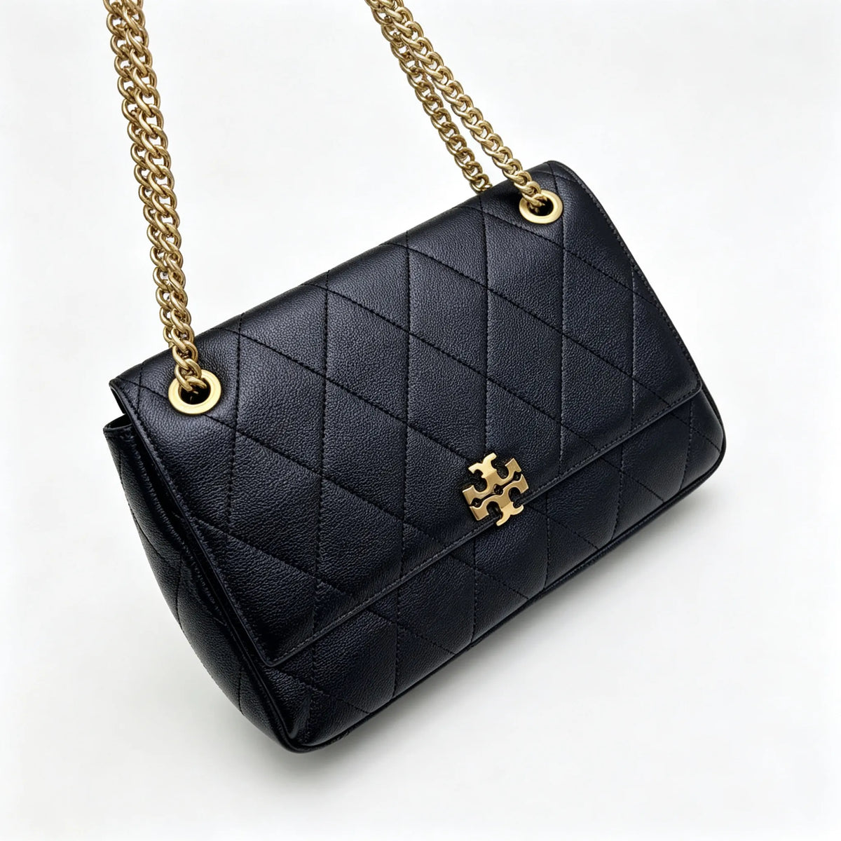 Tory Burch Kira | Black Pebble Leather Designer Handbag with Detachable Chain Shoulder Strap
