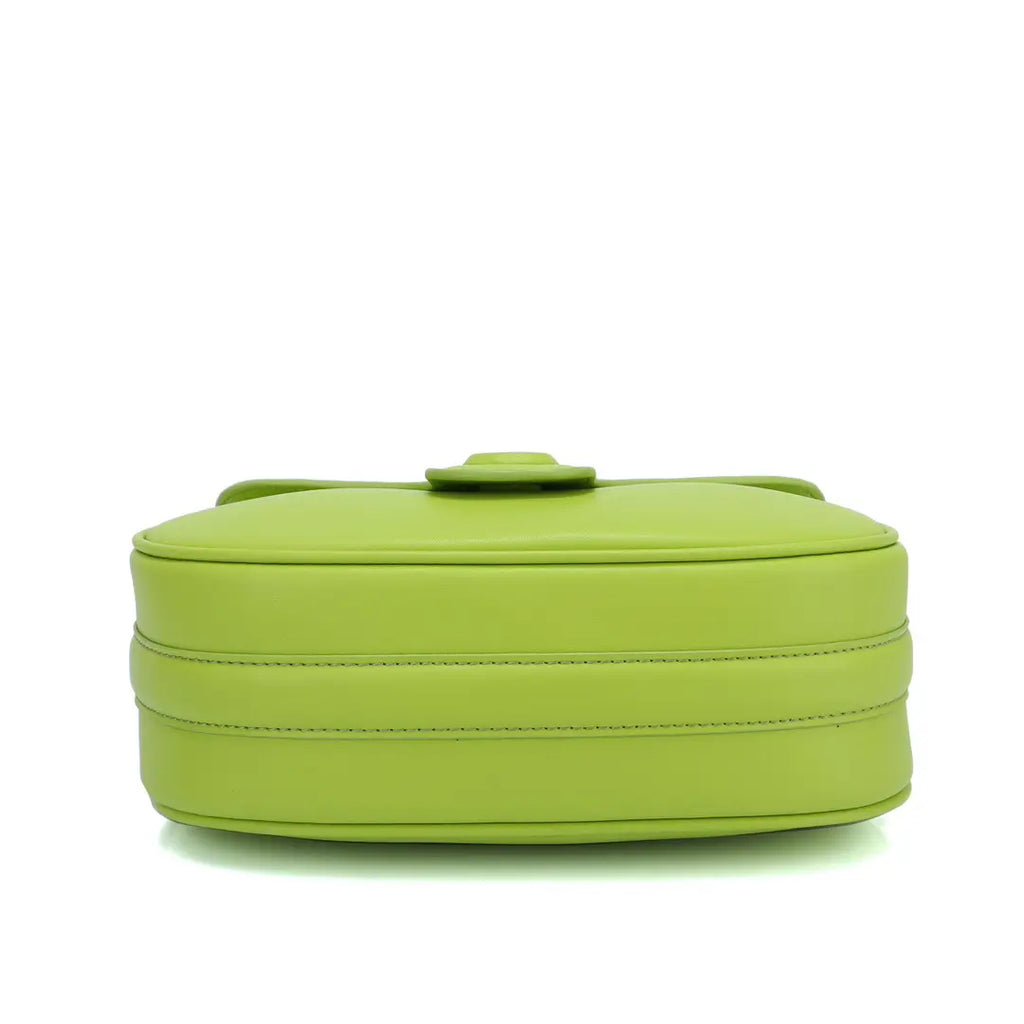 Marc Jacobs J Marc Saddle Bag, bright green smooth leather crossbody bag with brand logo shoulder strap.