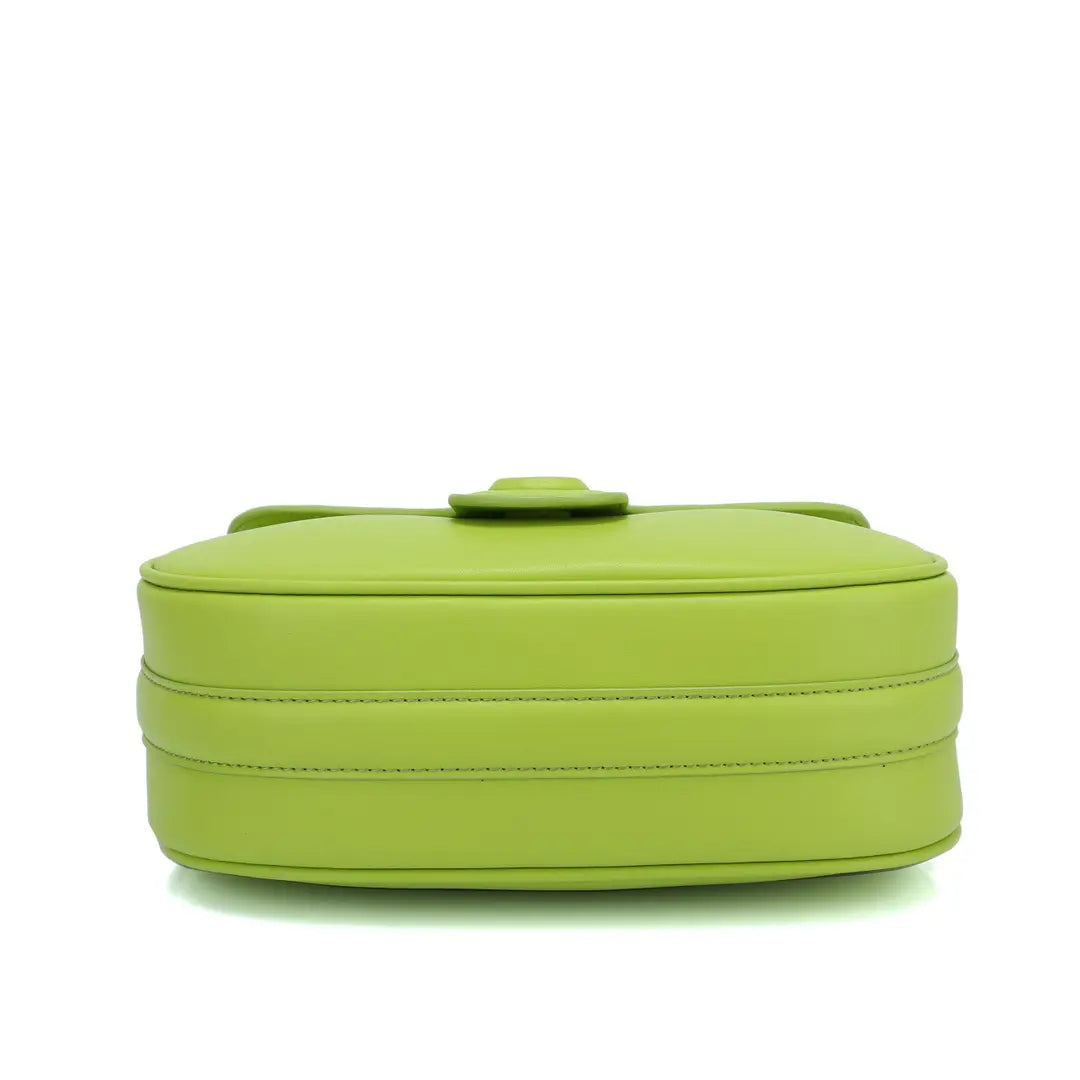 Marc Jacobs J Marc Saddle Bag, bright green smooth leather crossbody bag with brand logo shoulder strap.