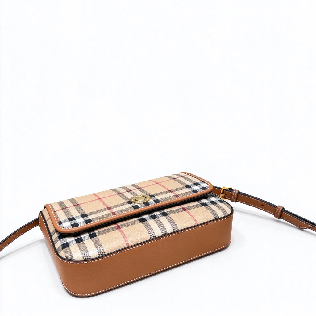 Burberry Classic Vintage Check Crossbody Bag | Small Leather Trim Flap Shoulder Bag for Women - Beige (20x15cm)