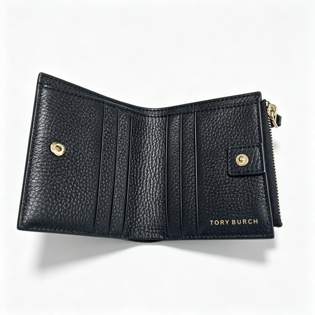Tory Burch McGraw black pebbled leather wallet with multiple card slots and a zippered coin pocket small foldable women's wallet