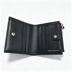 Tory Burch McGraw black pebbled leather wallet with multiple card slots and a zippered coin pocket small foldable women's wallet