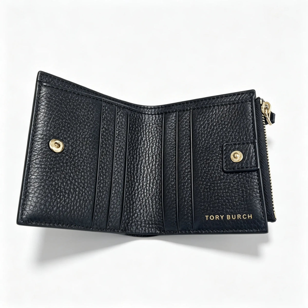 Tory Burch McGraw black pebbled leather wallet with multiple card slots and a zippered coin pocket small foldable women's wallet