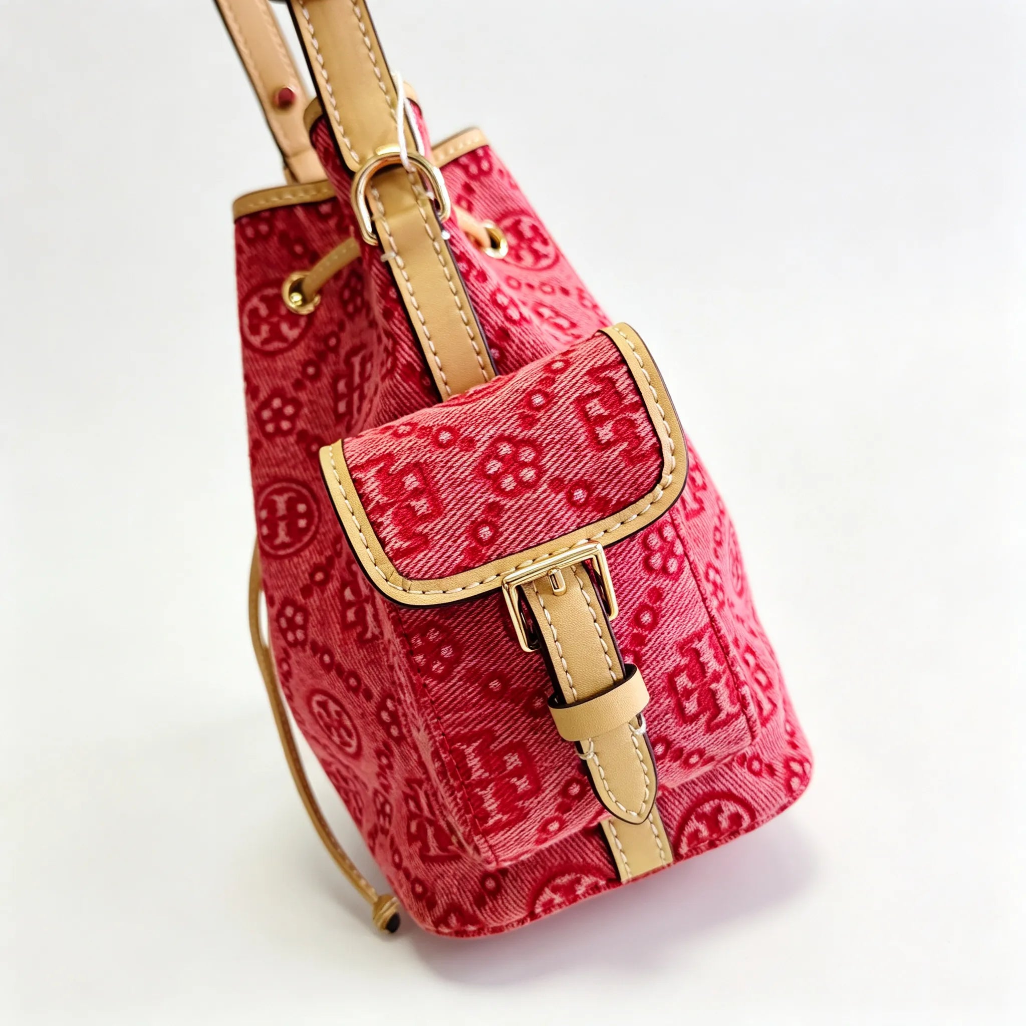 Tory Burch T Monogram red jacquard fabric adjustable shoulder strap and drawstring closure women's casual tote bag