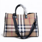 Burberry Large Vintage Check Tote Bag | Logo Woven Strap Commuter Laptop Bag — Archive Beige/Black