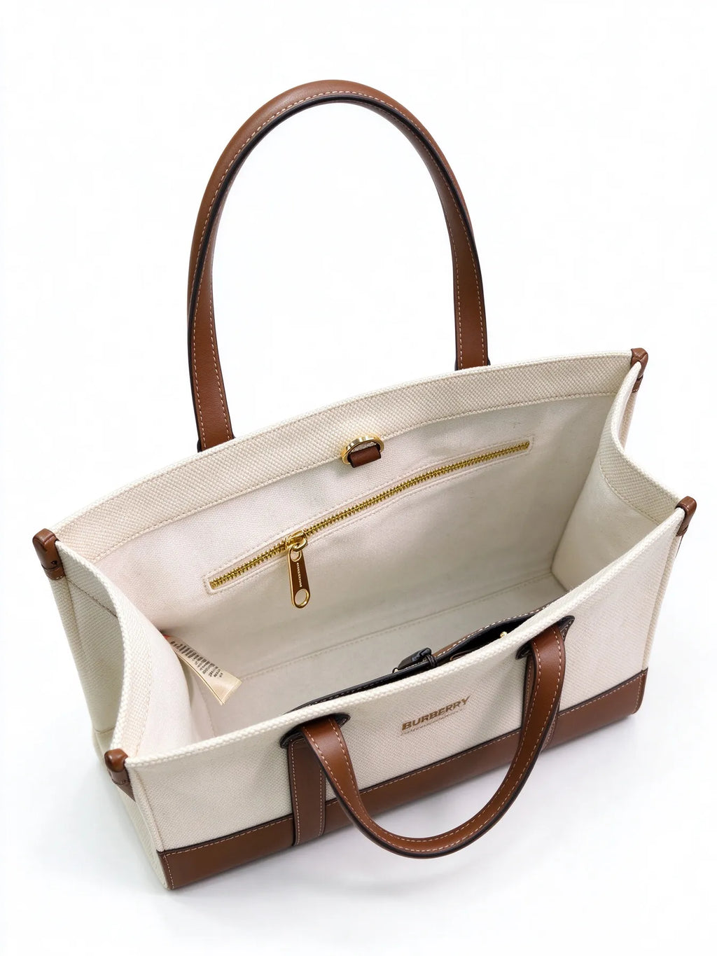Burberry Freya Horseferry Canvas Tote Bag | Logo Printed Leather Trim Top Handle Shoulder Bag — Natural/Tan