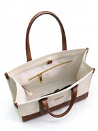 Burberry Freya Horseferry Canvas Tote Bag | Logo Printed Leather Trim Top Handle Shoulder Bag — Natural/Tan