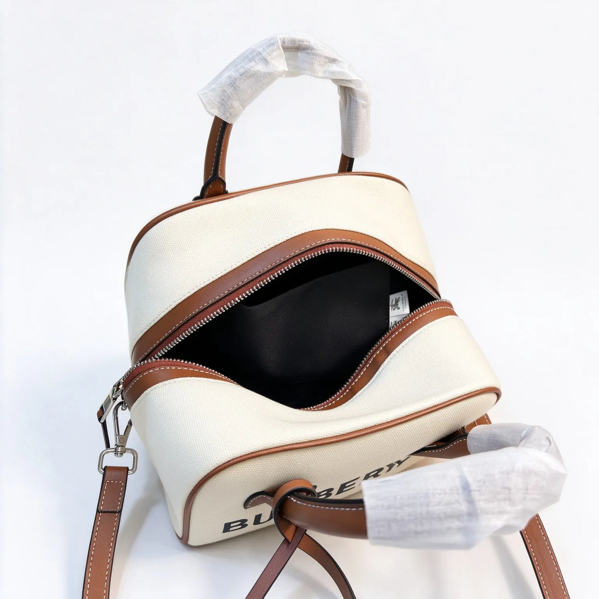 Burberry Mini Boston Bag Horseferry Canvas Leather Trim Dome Bowling Shoulder Bag