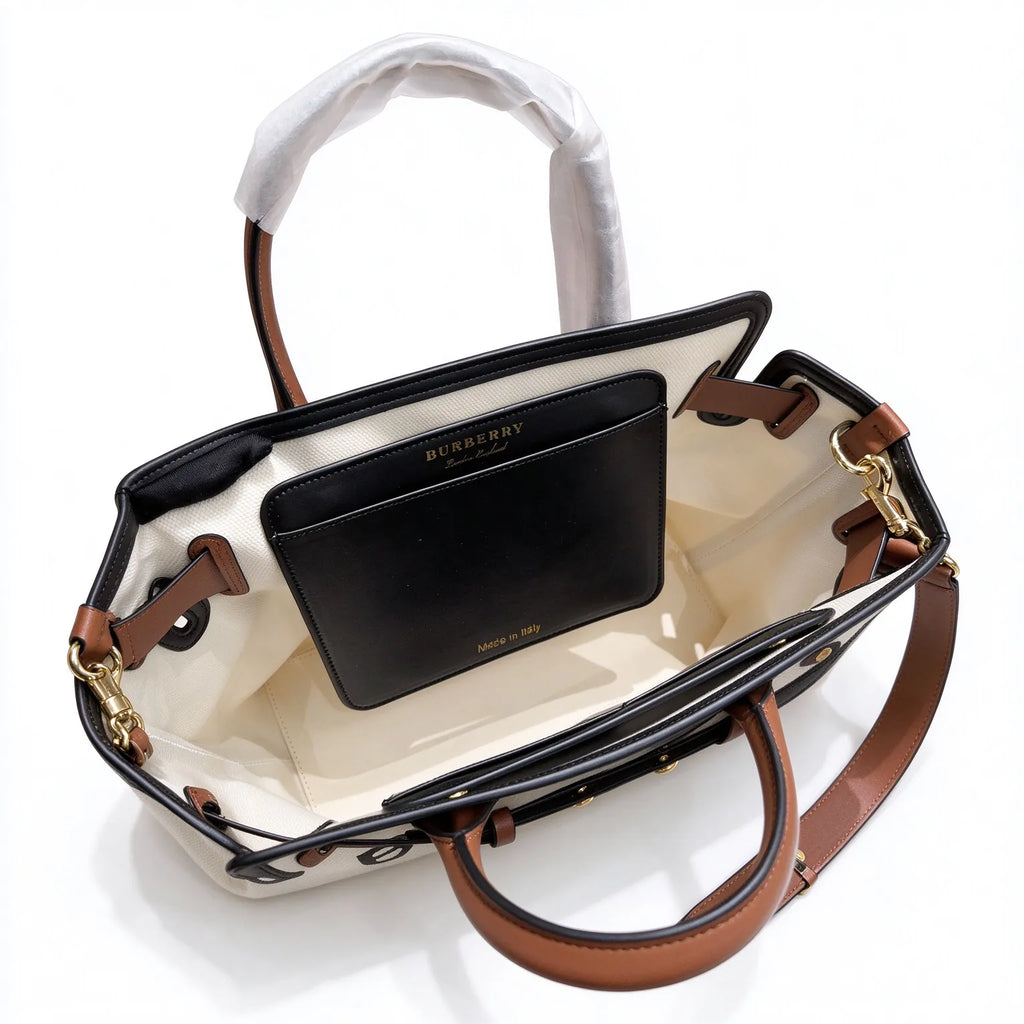 Burberry Horseferry Canvas Tote Bag | Logo Shopper with Brown Leather Strap & Black Trim — Natural/Tan/Black