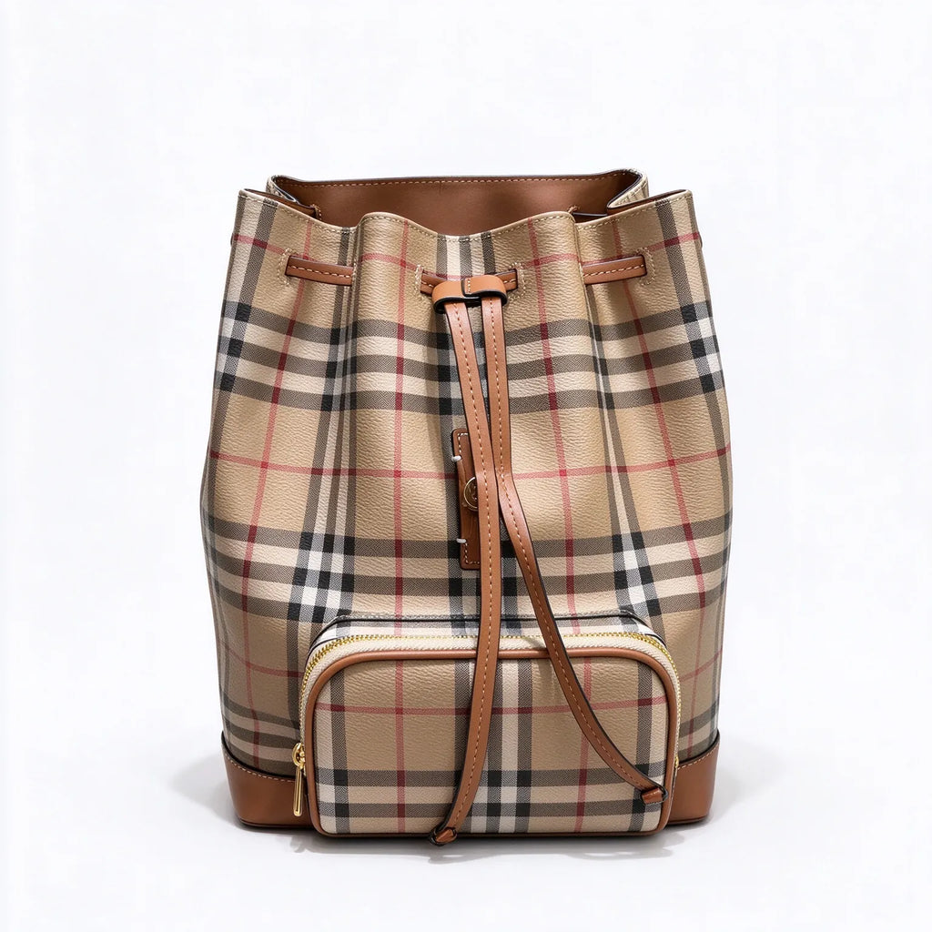 Burberry Vintage Check Drawstring Backpack | Grained Leather Trim Rucksack — Archive Beige/Tan