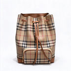 Burberry Vintage Check Drawstring Backpack | Grained Leather Trim Rucksack — Archive Beige/Tan