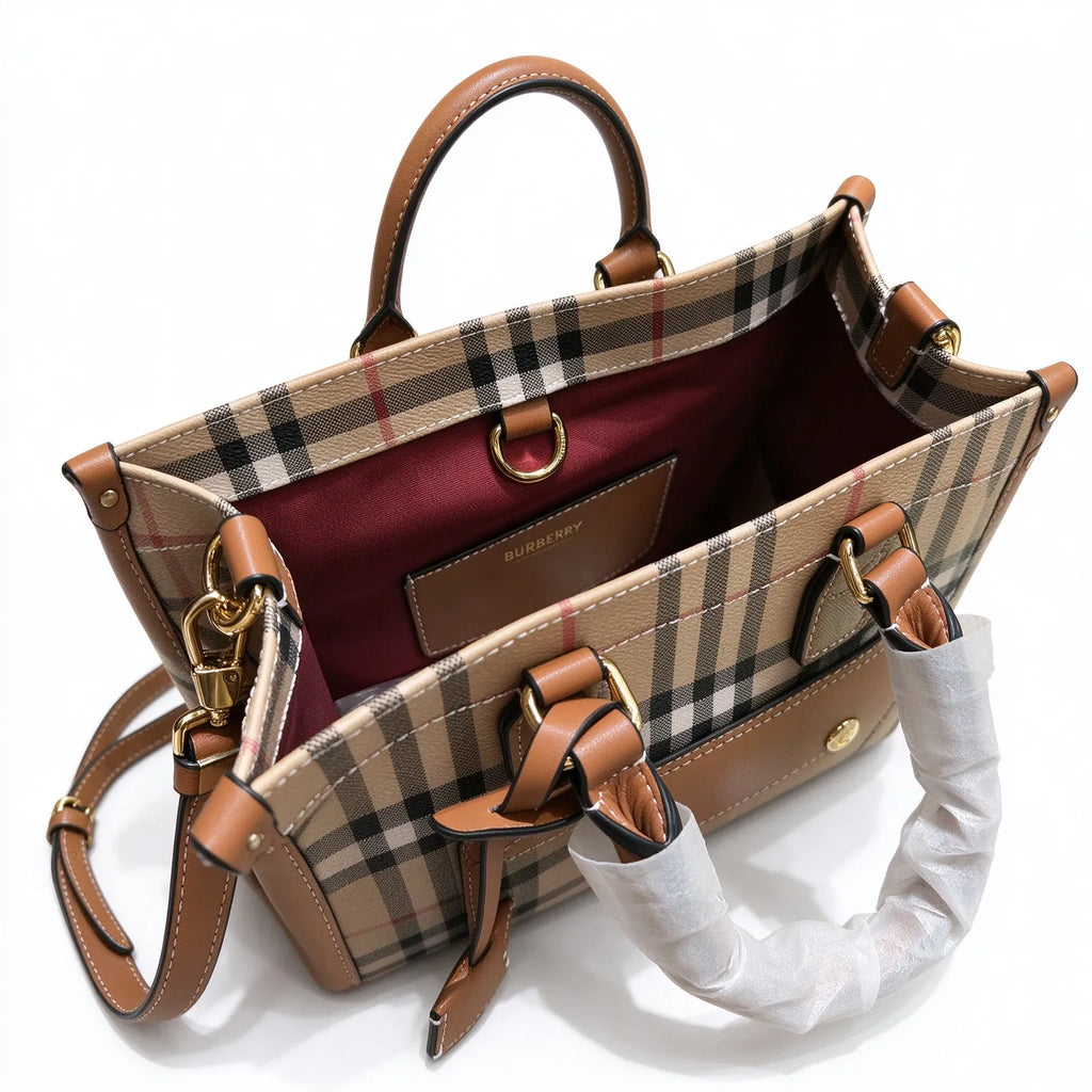 Burberry Freya Vintage Check Mini Tote Bag | Compact Canvas Leather Top Handle Crossbody — Archive Beige/Briar Brown