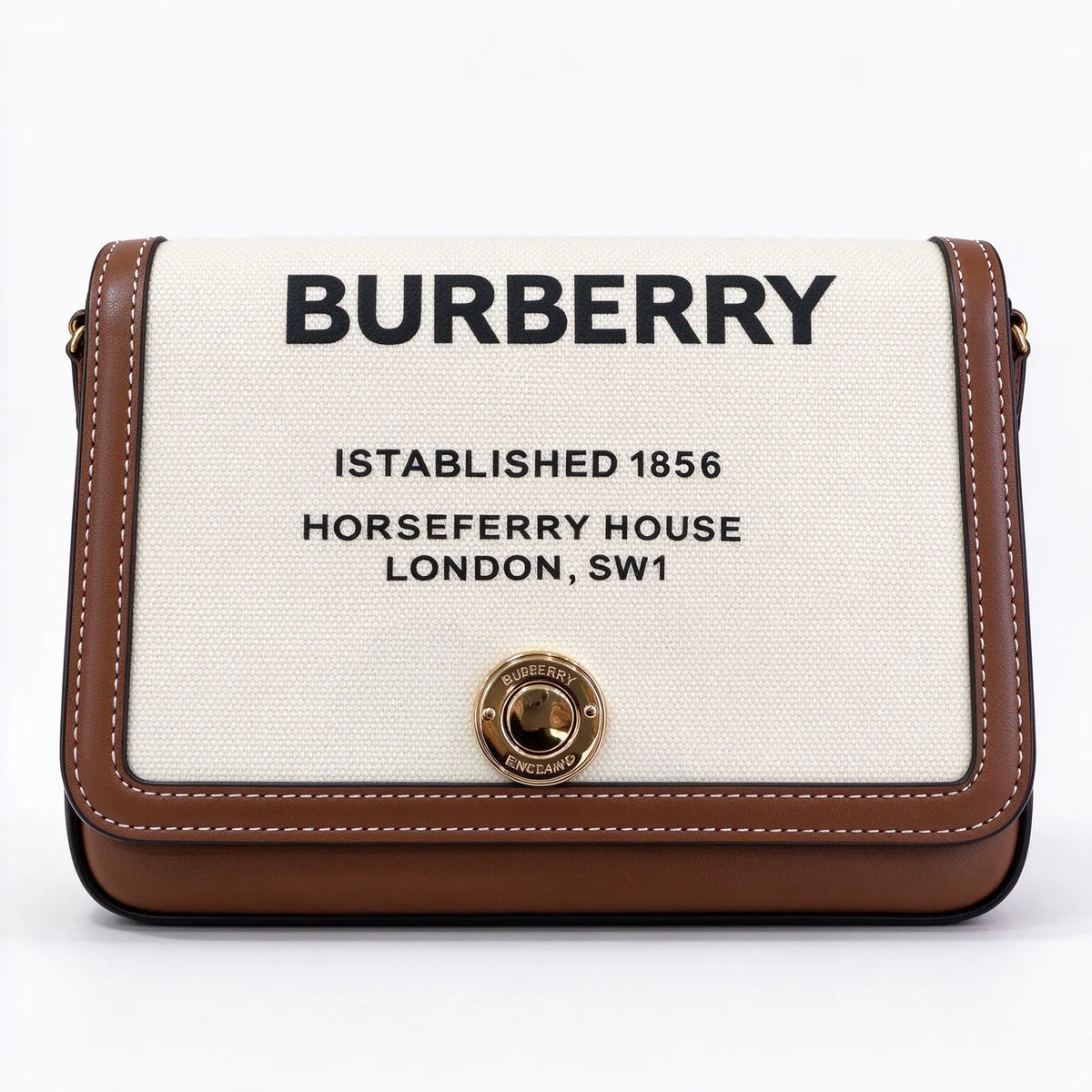 Burberry Horseferry Canvas Crossbody Bag | Logo Printed Leather Trim Flap Shoulder Bag — Natural/Brown