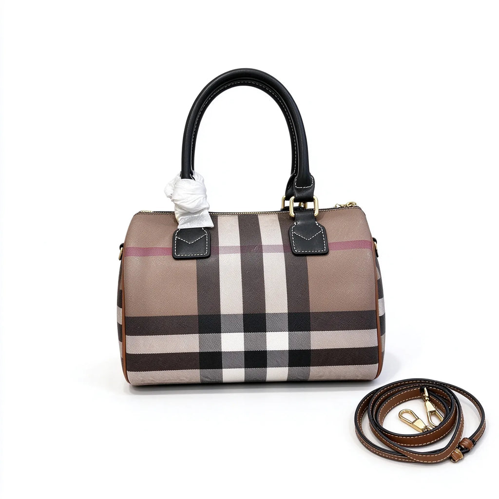 Burberry House Check Bowling Bag | Classic Tartan Canvas Boston Handbag with Leather Trim & Shoulder Strap — Brown/Black
