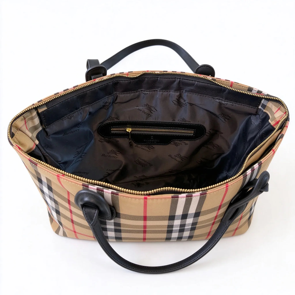 Burberry Nova Check Large Tote Bag with Matching Pouch Set | 2-in-1 Canvas Leather Shopper Shoulder Bag — Archive Beige/Black