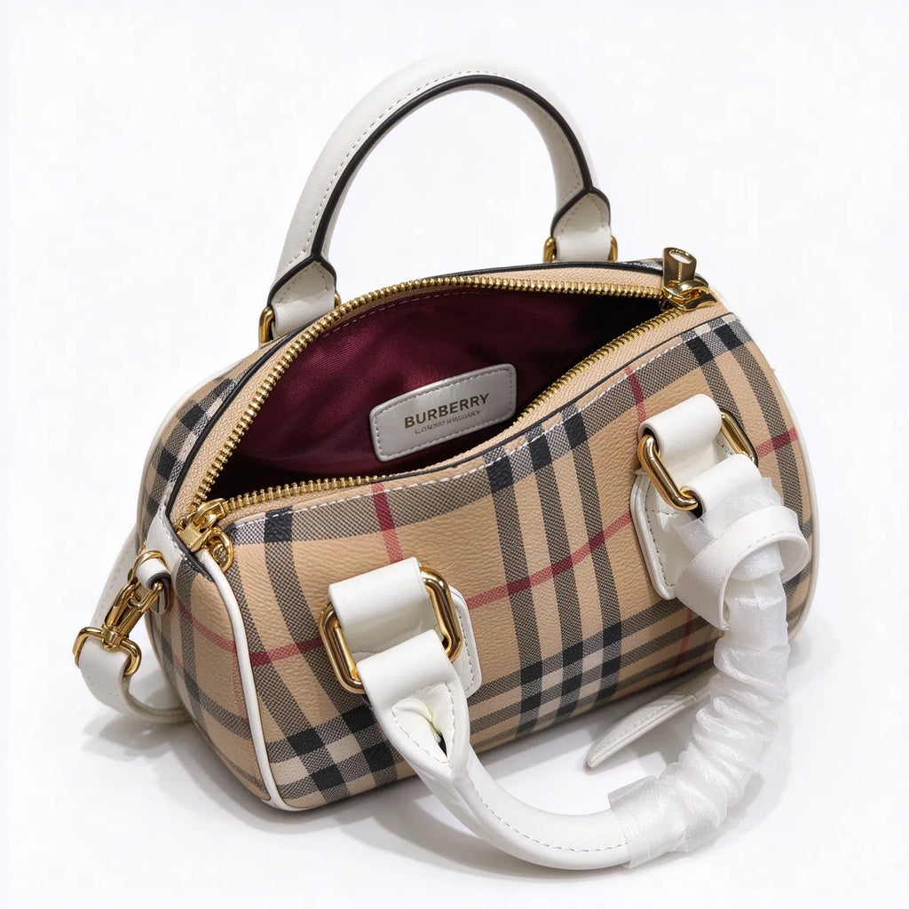 Burberry Vintage Check Mini Boston Bag | Grained Leather Trim Barrel Shoulder Crossbody Bag — Archive Beige/Chalk White