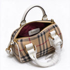 Burberry Vintage Check Mini Boston Bag | Grained Leather Trim Barrel Shoulder Crossbody Bag — Archive Beige/Chalk White