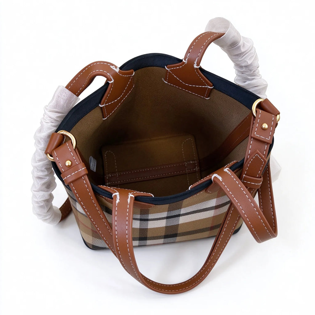 Burberry Vintage Check Mini Tote Bag | Suede Trim Leather Handle Top Handle Crossbody Bag — Archive Beige/Brown