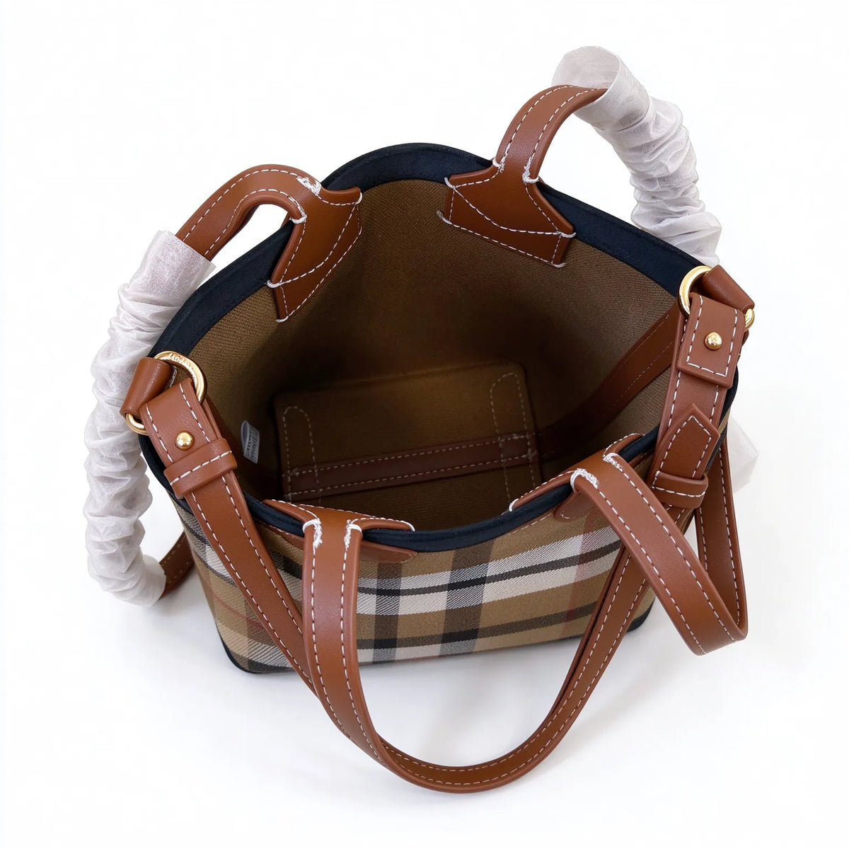 Burberry Vintage Check Mini Tote Bag | Suede Trim Leather Handle Top Handle Crossbody Bag — Archive Beige/Brown