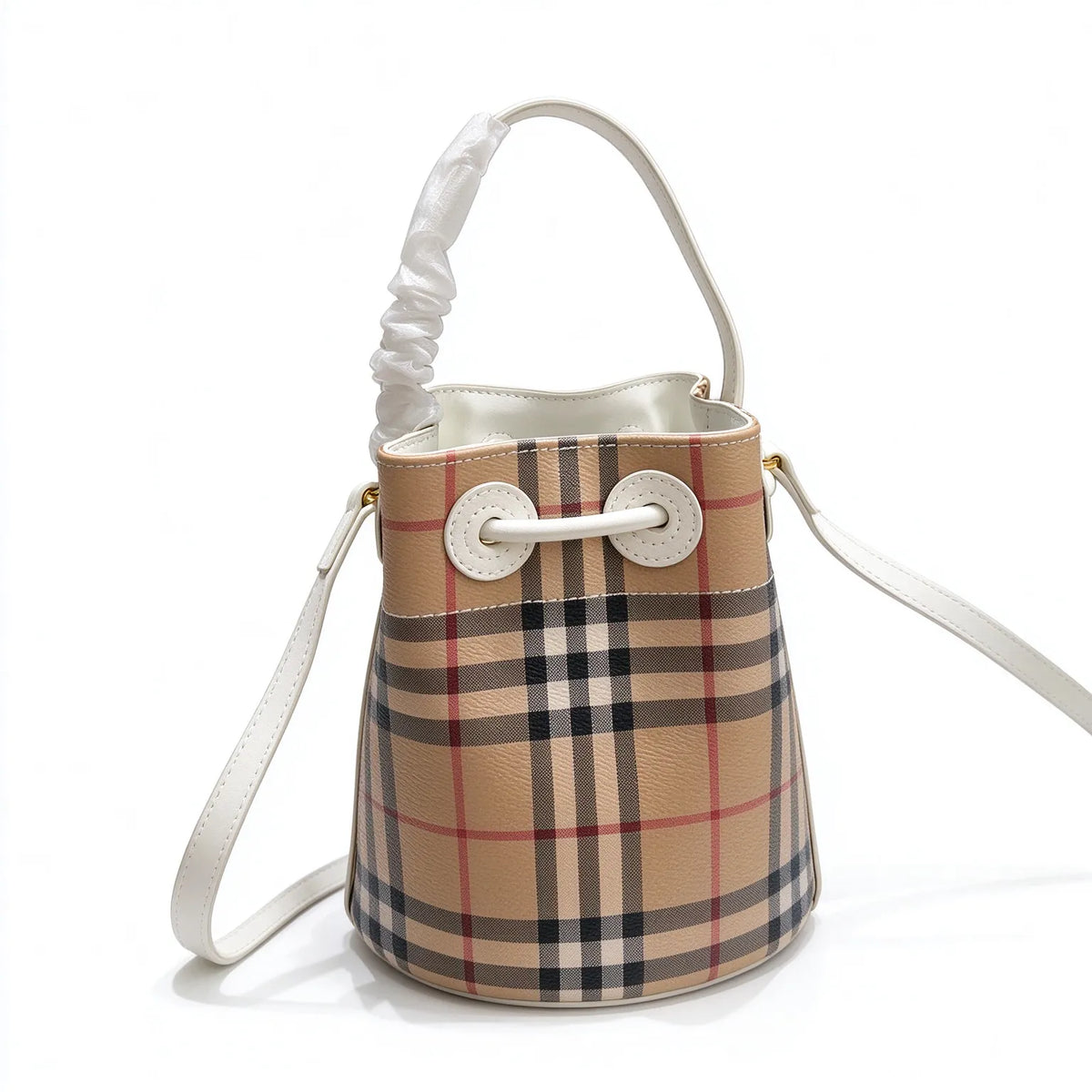 Burberry Vintage Check Mini Bucket Bag | Drawstring Crossbody Bag — Archive Beige/Chalk White