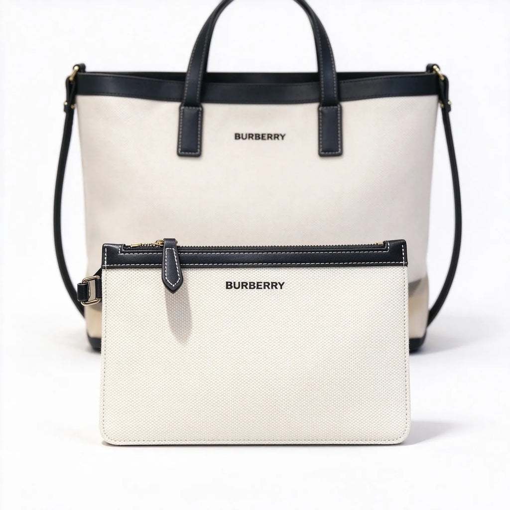 Burberry London Canvas Tote Bag Globe Print Leather Trim Shoulder Shopping Bag