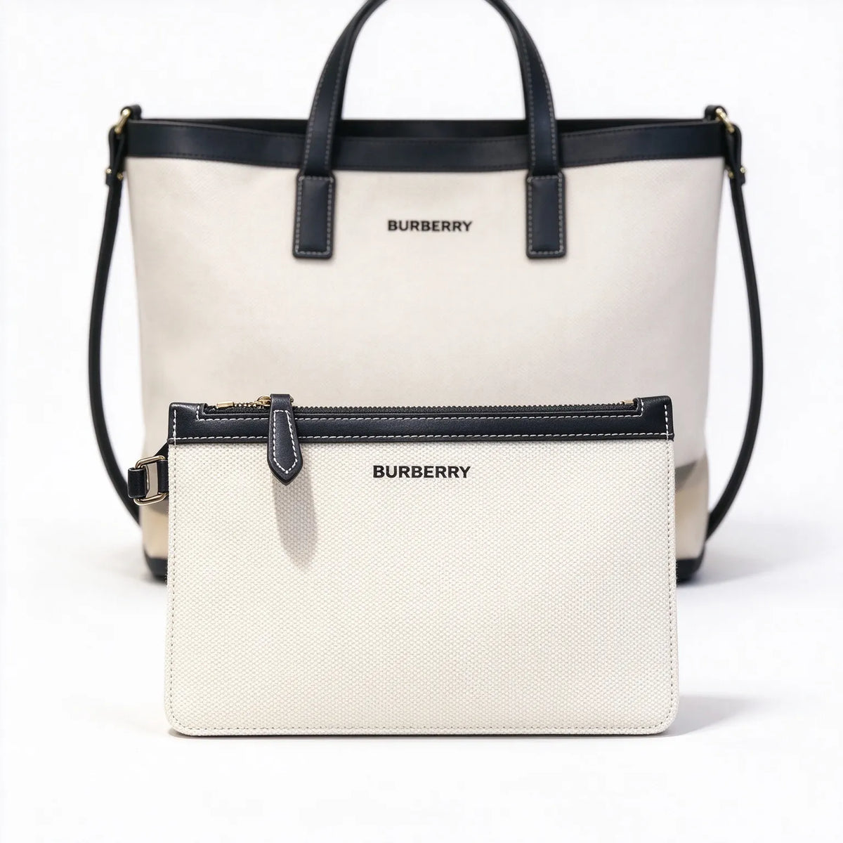 Burberry London Canvas Tote Bag Globe Print Leather Trim Shoulder Shopping Bag