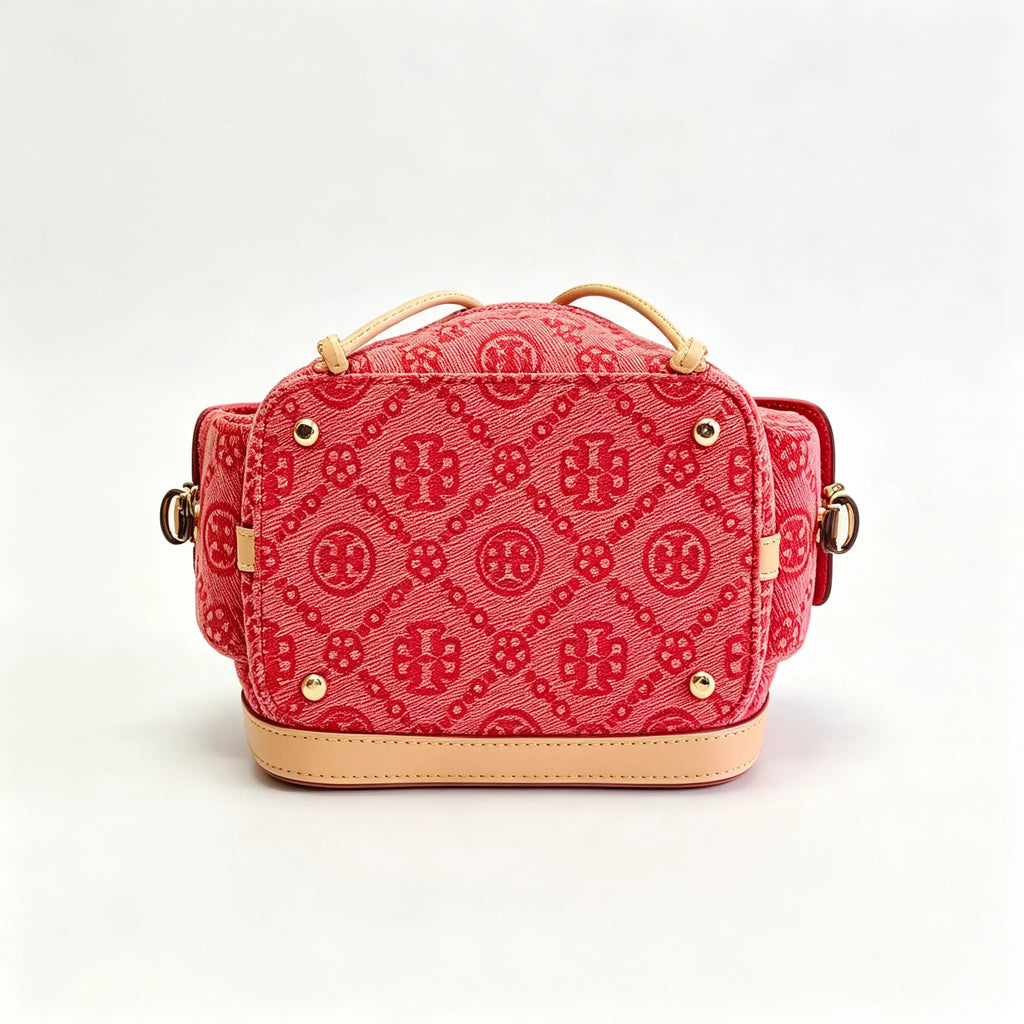 Tory Burch T Monogram red jacquard fabric adjustable shoulder strap and drawstring closure women's casual tote bag