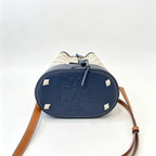 Tory Burch T Monogram | Navy blue and beige Monogram fabric leather trim  adjustable shoulder strap drawstring closure  women's designer mini jacquard bucket bag
