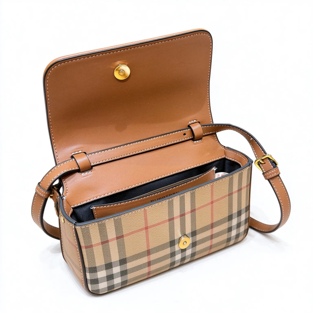 Burberry Classic Vintage Check Crossbody Bag | Small Leather Trim Flap Shoulder Bag for Women - Beige (20x15cm)