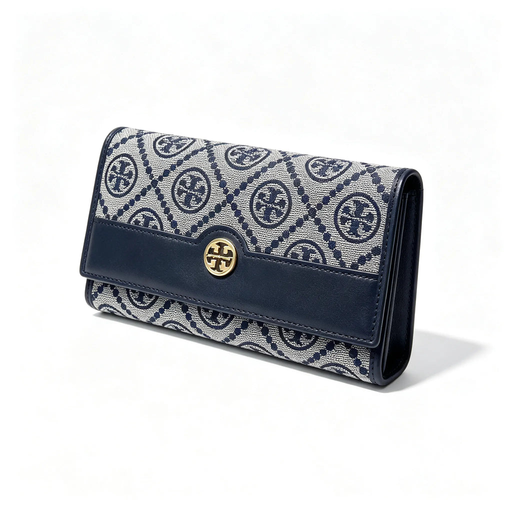 Tory Burch T Monogram Navy Blue and Beige Monogram Canvas Foldable Women's Clutch