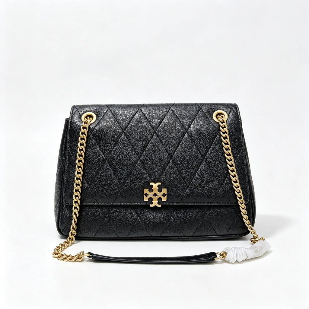 Tory Burch Kira | Black Pebble Leather Designer Handbag with Detachable Chain Shoulder Strap