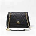 Tory Burch Kira | Black Pebble Leather Designer Handbag with Detachable Chain Shoulder Strap