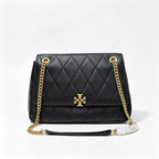 Tory Burch Kira | Black Pebble Leather Designer Handbag with Detachable Chain Shoulder Strap