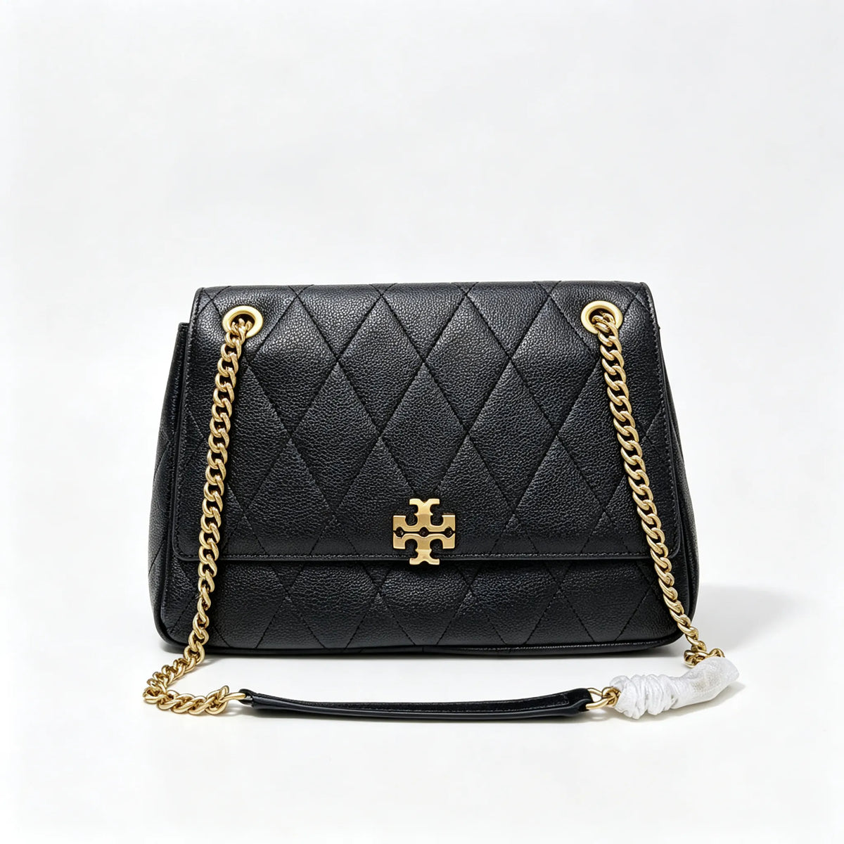 Tory Burch Kira | Black Pebble Leather Designer Handbag with Detachable Chain Shoulder Strap