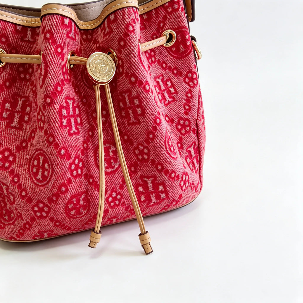 Tory Burch T Monogram red jacquard fabric adjustable shoulder strap and drawstring closure women's casual tote bag