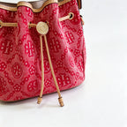 Tory Burch T Monogram red jacquard fabric adjustable shoulder strap and drawstring closure women's casual tote bag