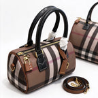 Burberry House Check Bowling Bag | Classic Tartan Canvas Boston Handbag with Leather Trim & Shoulder Strap — Brown/Black