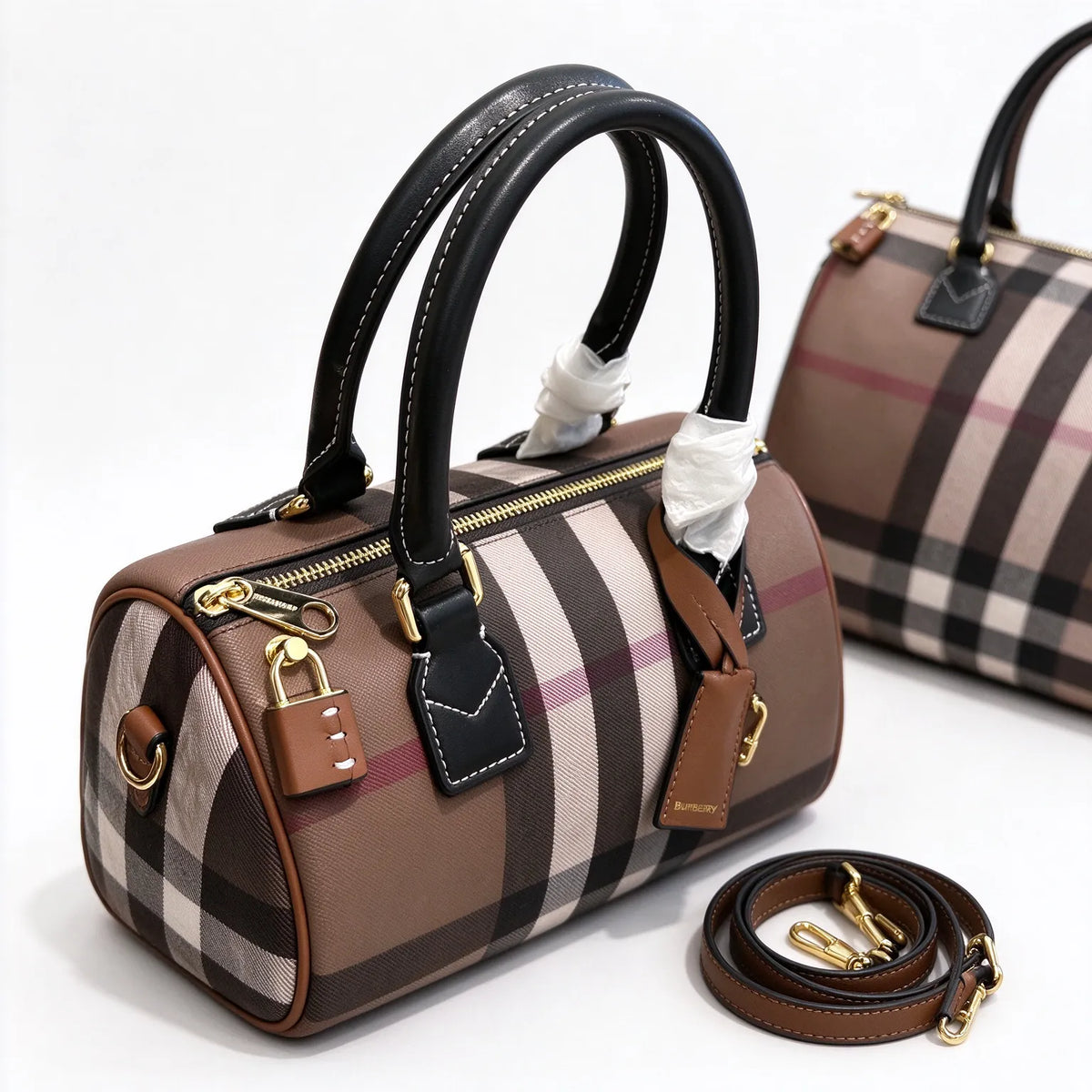 Burberry House Check Bowling Bag | Classic Tartan Canvas Boston Handbag with Leather Trim & Shoulder Strap — Brown/Black