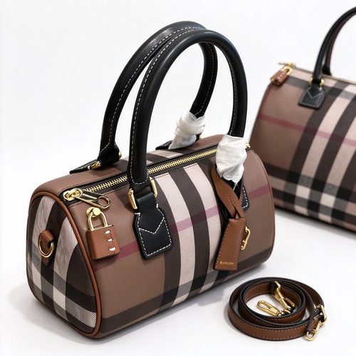 Burberry House Check Bowling Bag | Classic Tartan Canvas Boston Handbag with Leather Trim & Shoulder Strap — Brown/Black