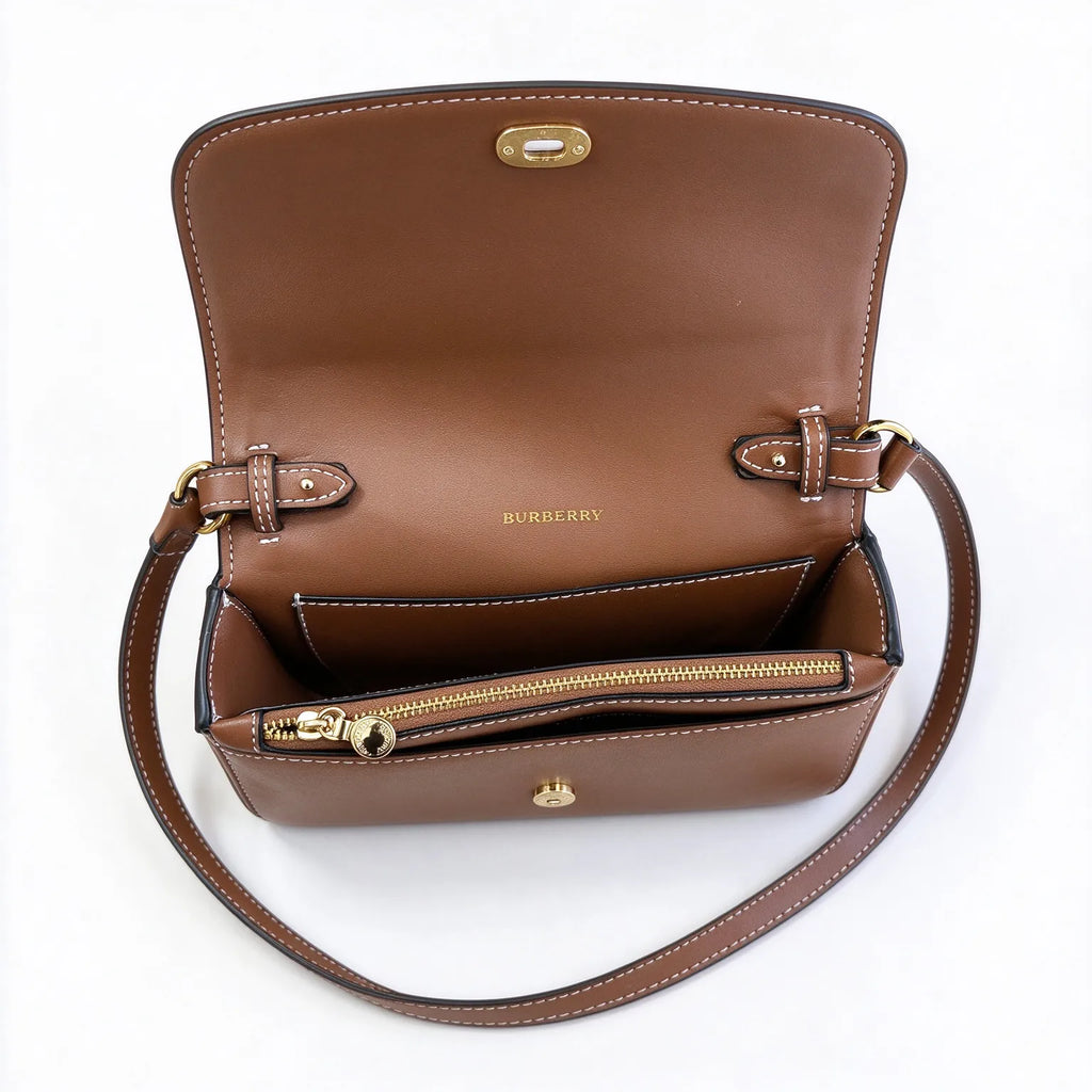 Burberry Horseferry Canvas Crossbody Bag | Logo Printed Leather Trim Flap Shoulder Bag — Natural/Brown
